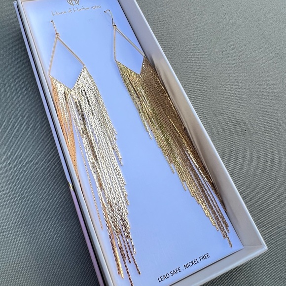 NEW House of Harlow 1960 Long Fringe Dangle Earrings Gold with box NIB - Picture 6 of 6